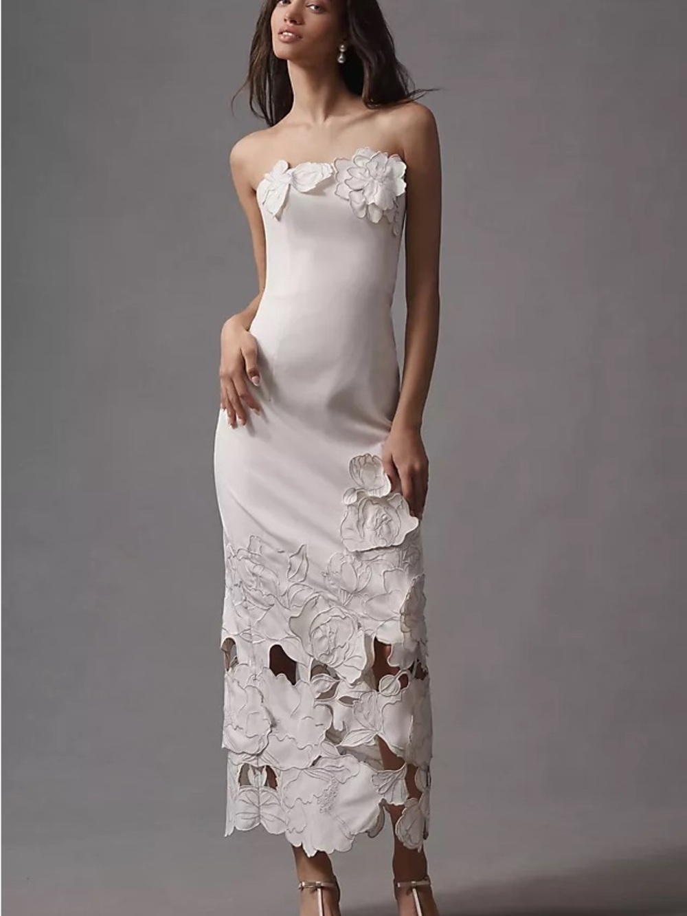 Strapless White Floral-Appliqué Column Dress